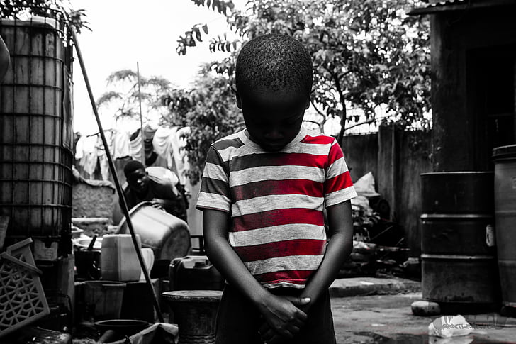 kid, child, sad, red, stripe, shirt, boy