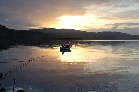 havet, solnedgång, båt, Norge, arten av de, sommar, vatten