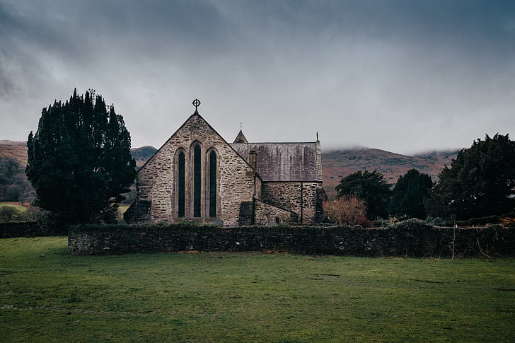 beige, chapel, beside, green, tree, building, stone country
