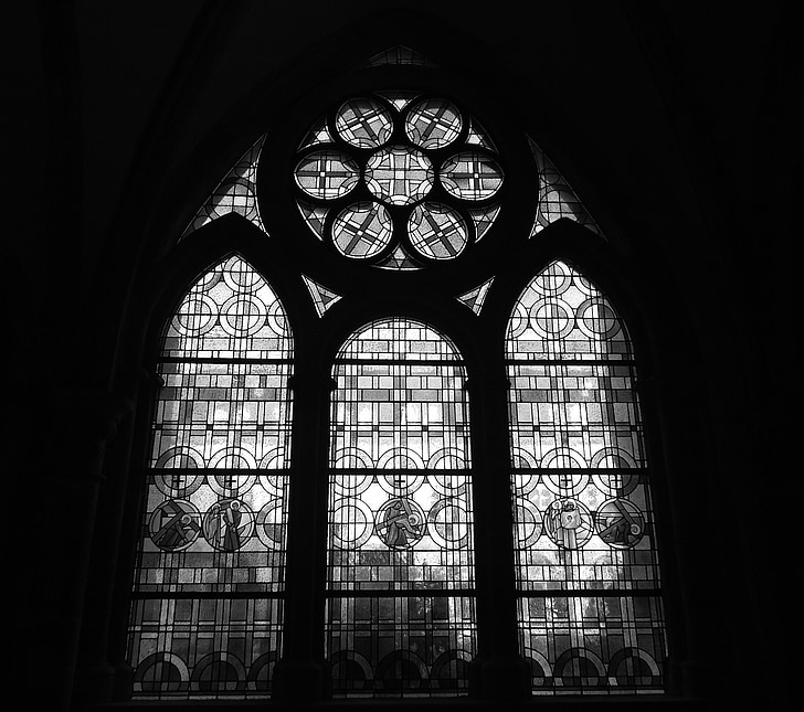 glasfönster, katedralen i Trier, cloisteren, dom, Trier, svart och vitt, arkitektur