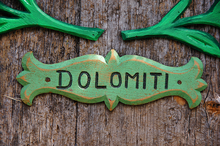label, written, ladinia, carving, green, wood, dolomites
