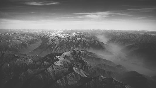 black-and-white, fog, landscape, mountains, nature, outdoors, scenic