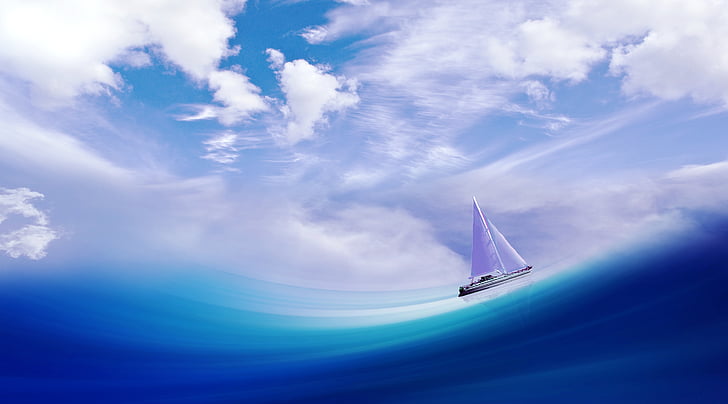 navire, botte, vague, mer, eau, voile, Sky