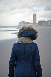 winter, winter clothing, walk on the beach, woman, jacket, people, hood