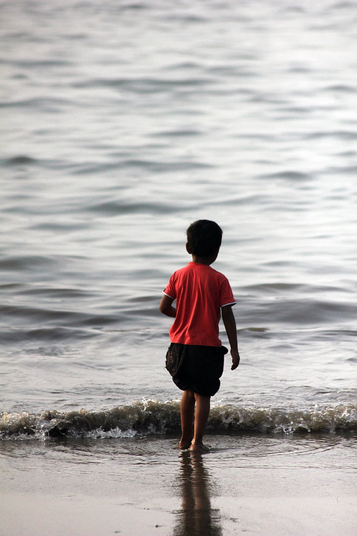 gutt, stranden, vann, barn, spedbarn, India, indisk