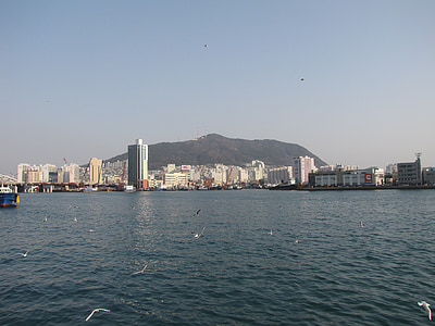 Busan, jūra, ēka, ainava, vakarā