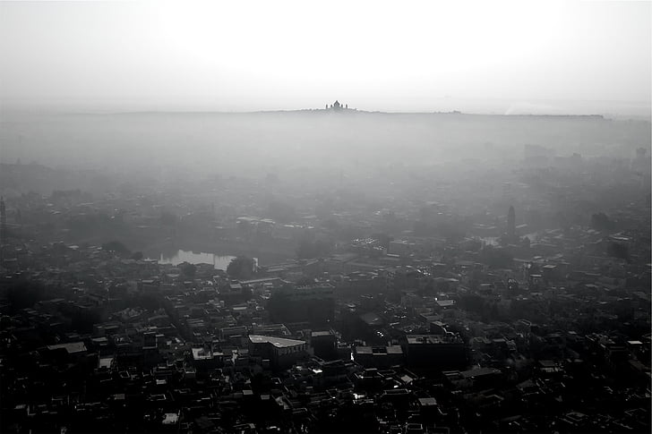 chụp từ trên không, Xem, thành phố, tòa nhà, mái nhà, kiến trúc, sương mù