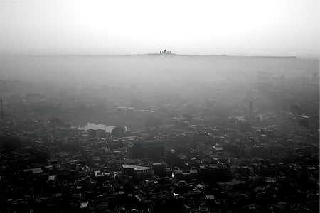 aerea, vista, città, edifici, sui tetti, architettura, nebbia