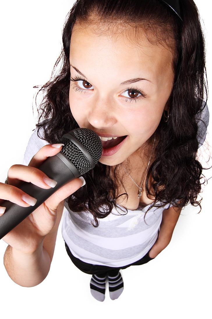hermosa, mujer, chica, Karaoke, micrófono, modelo, persona
