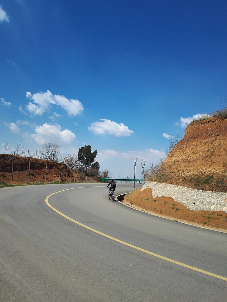 blue sky, bike, biker, road, way, hill, curve