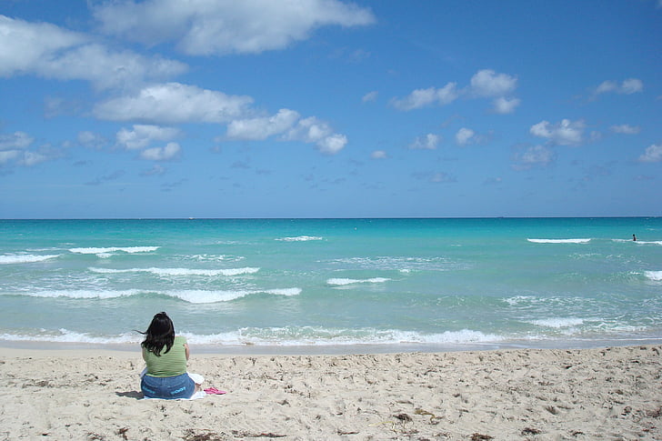 beach, women, thinking, sea, sky, miami, clouds