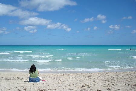 пляж, жінки, мислення, море, небо, Маямі, хмари
