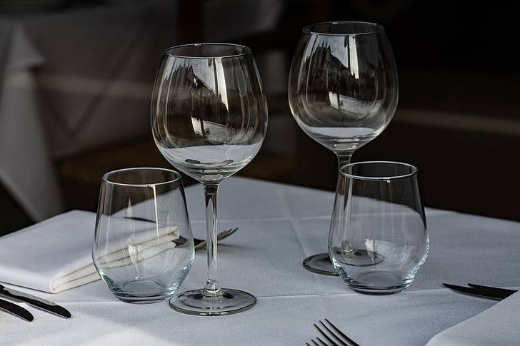 glass, table, white, formal, utensils, fine dining, dinner