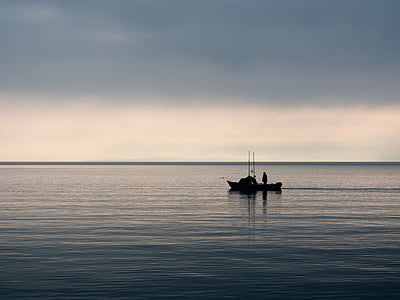silhouette, personne, bateau, corps, eau, pêche, pêcheur