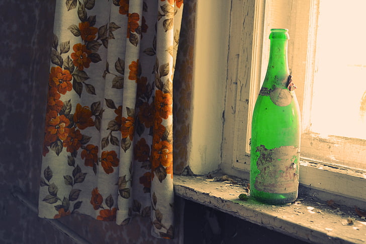 bottle, green, shabby, curtain, pattern, window, light