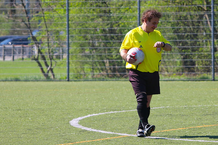 meadow, sport, football, referee, ball, time of