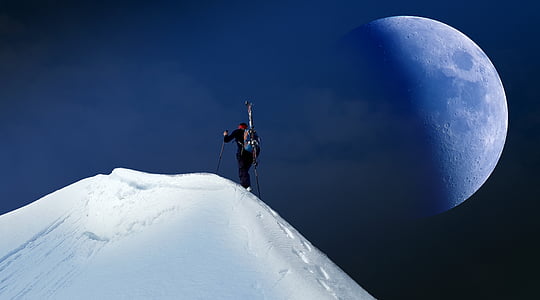 月, 山, 雪, サミット, ハイキング, 空, 満月