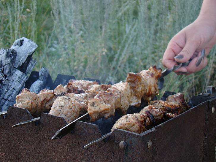 kebab de shish, Mangal, pinchos, en la naturaleza, verano, carne, carne asada
