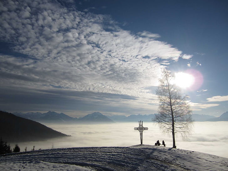 sea of fog, cross, summit, mountains