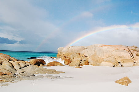 rainbow, beach, rocks, australia, sea, nature, coastline