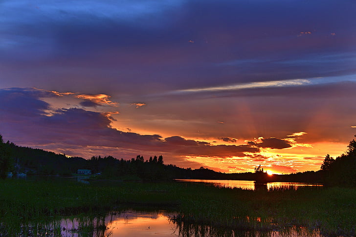 sunset, twilight, sun, clouds, lake, lying, water