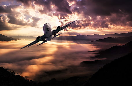 white, black, passenger, plane, Landscape, Aircraft, Clouds