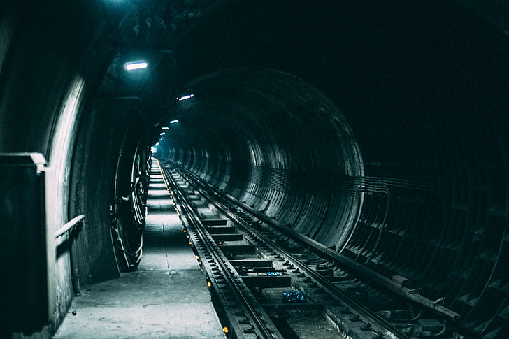 dark, lights, railroad, railway, tunnel