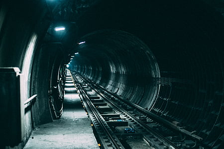 donker, verlichting, spoorweg, spoorwegen, tunnel