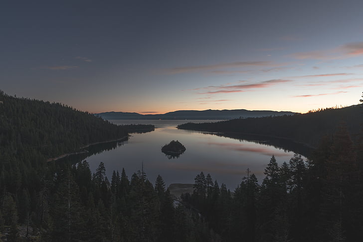 lind, s, eyeview, Lake, ümbritsetud, metsa, Sunset