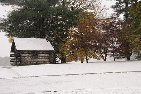 chýše, Valley forge, Národní park, Pensylvánie, krajina, na podzim, sníh