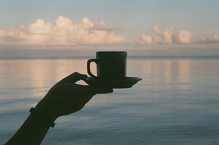 person, holding, tea, cup, saucer, overview, seascape