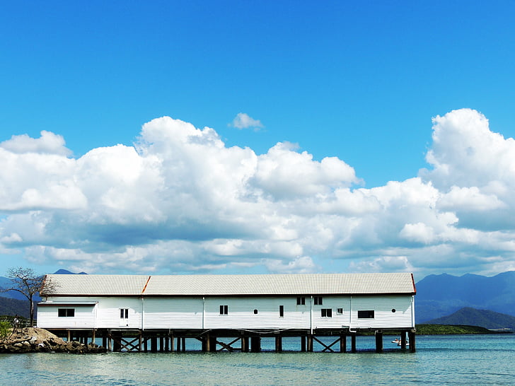 wharf, building, water, coast, sky, blue, clouds