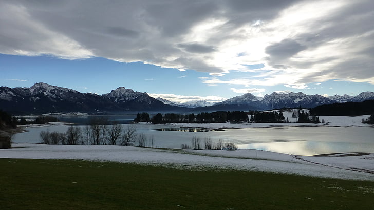 Allgäu, forggensee-tótól, téli, hó, jég, Időjárás, panoráma