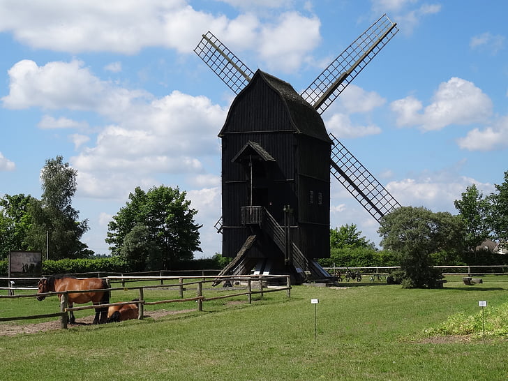 moinho de vento, moinho, Mecklenburg, velho, história, cena rural