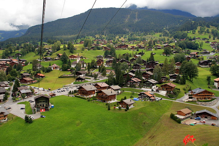 country, town, mountain, alps, log cabins, tourism, cable car