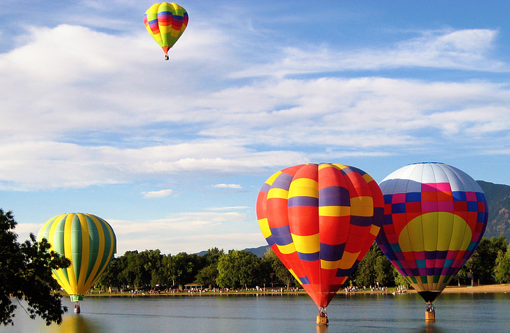 hot air balloons, lake, ballooning, adventure, sky, flight