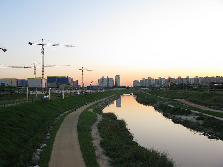 rzek, zachód słońca, Żurawie wieżowe, Tong bokcheon