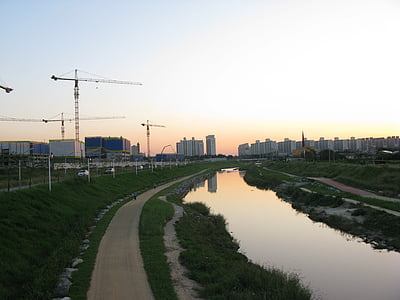 rivers, sunset, tower cranes, tong bokcheon