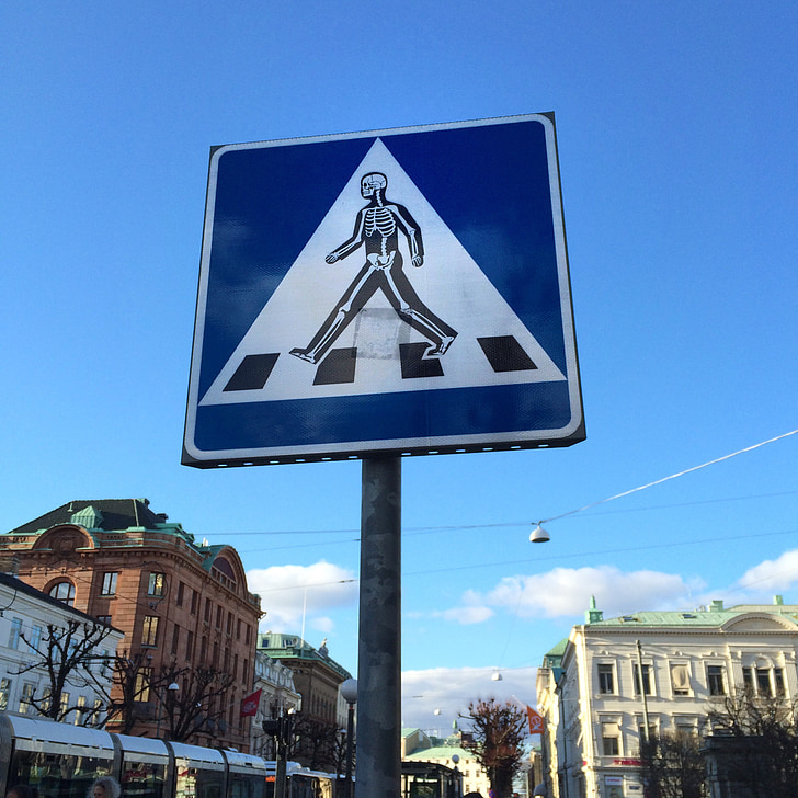 pedestrian crossing, road sign, sticker, traffic, road, thinking about staying, skeletal