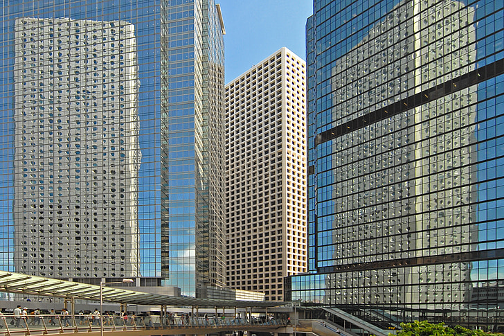 Hong kong, skyskrapor, spegling, arkitektur