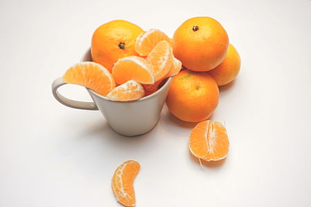 peeled, orange, fruit, white, ceramic, cup, tangerines