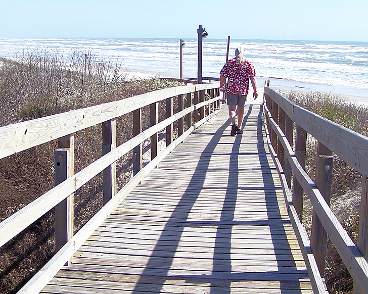 Boardwalk, stranden, ensomme walker, kyst, dybde, perspektiv, sommerdag