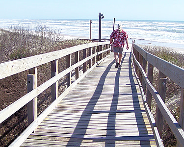 boardwalk, beach, lone walker, coastal, depth, perspective, summer day