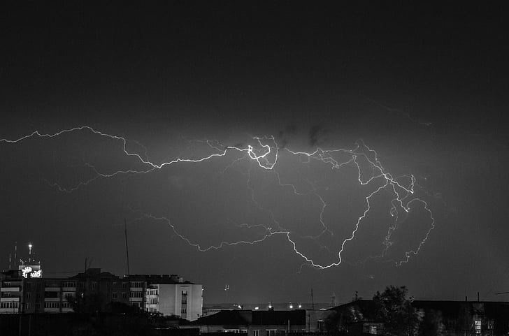 lightning, city, flash, thunderstorm, night, storm