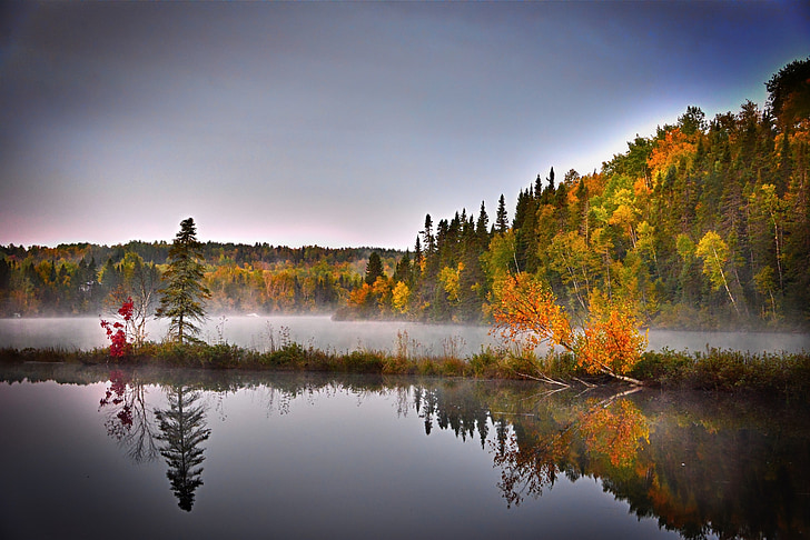 Jesenná krajina, jazero, Príroda, vody, farby, stromy, pokojný