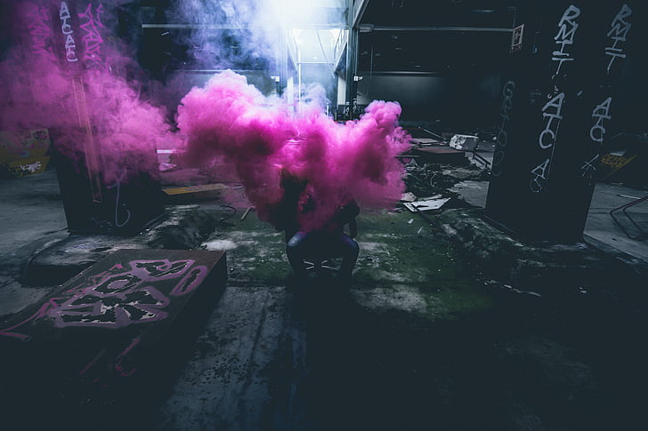 silhouette, person, sitting, chair, covered, pink, smoke