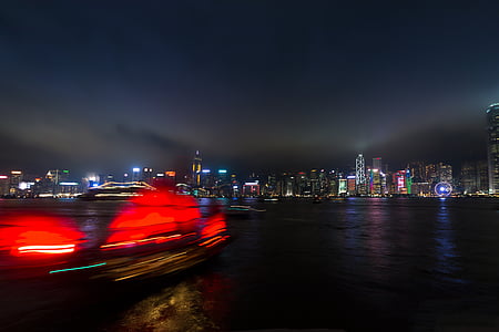 Hongkong, kikking, natt, lang eksponering, lys, lang lukker, på natten