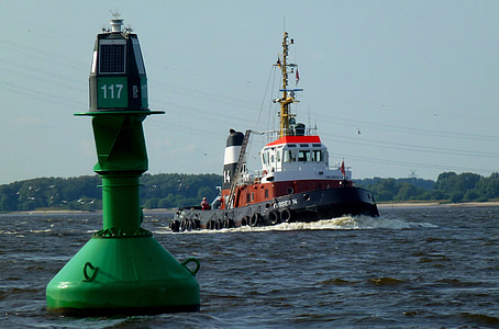 bogserbåt, Elbe, ton, grön, seszeichen, navigering, humör