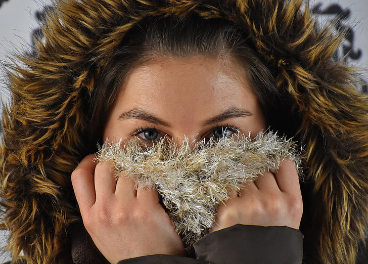 woman, winter, hood, faux fur, scarf, wool scarf, face