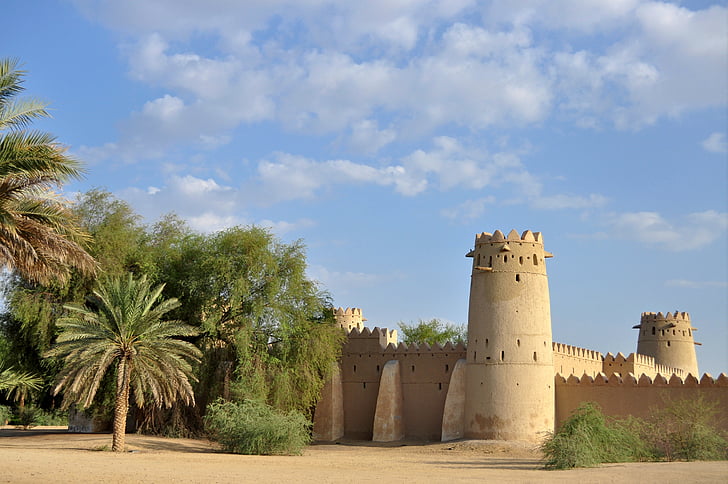 stará pevnosť, jahili pevnosť, Al ain, Abú Zabí, Spojené Arabské Emiráty, palmy, strom